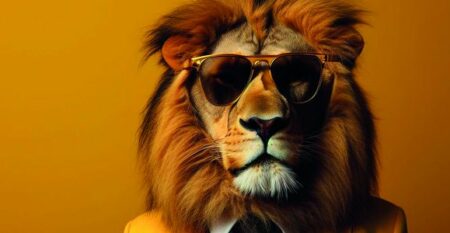 Portrait of lion wearing yellow suit and sunglasses.